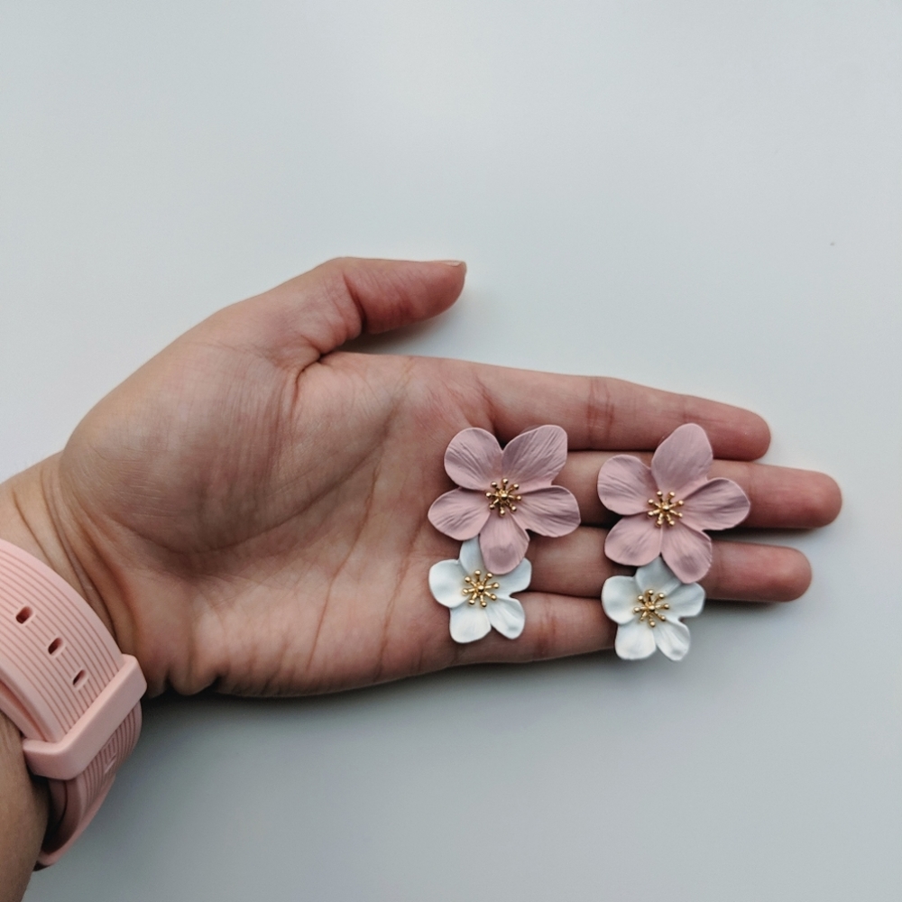 Double Pink Flower Earrings